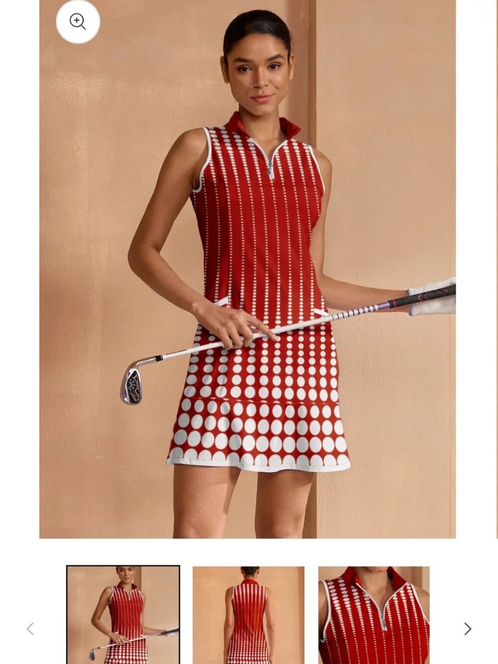 Golf/Pickleball Sleeveless Dress Red Dot-Print with Front Zip